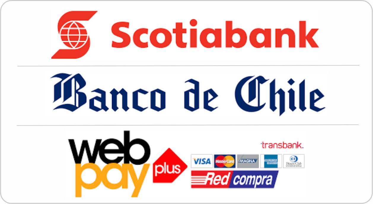 Medios de pago aceptados: Santander, Scotiabank, Webpay, Visa, Redcompra, Mastercard, entre otros.
